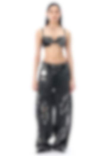 Black Cotton Hand Embellished Denim Pants by Kanika Goyal at Pernia's Pop Up Shop