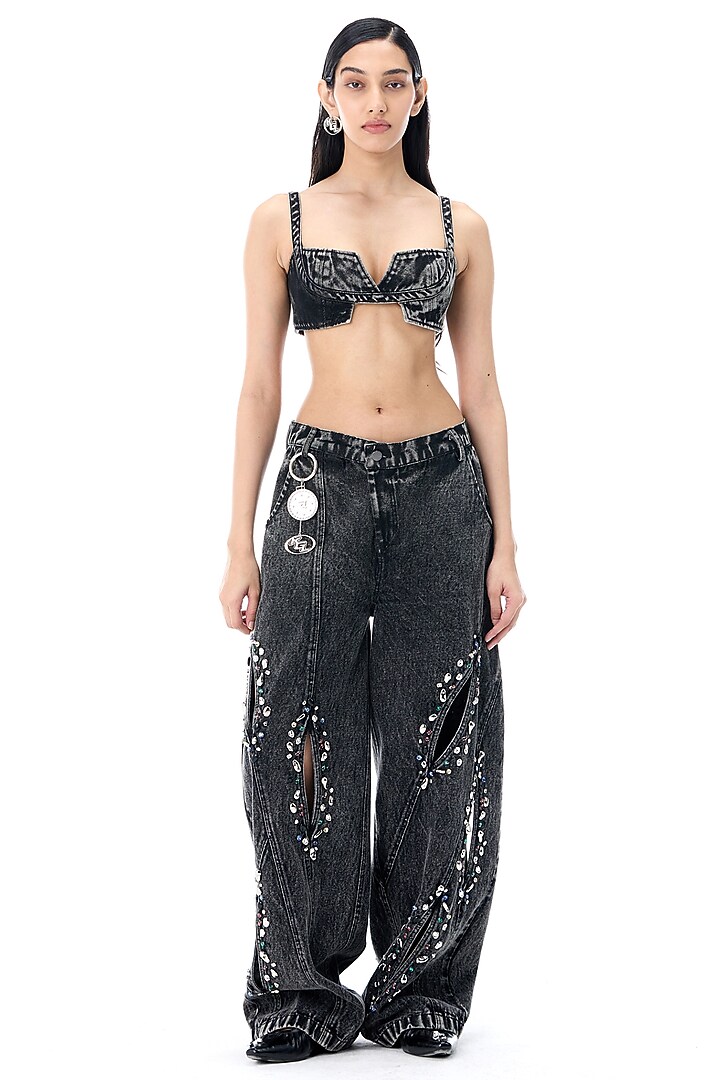 Black Cotton Hand Embellished Denim Pants by Kanika Goyal at Pernia's Pop Up Shop