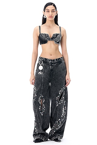 Black Cotton Hand Embellished Denim Pants by Kanika Goyal