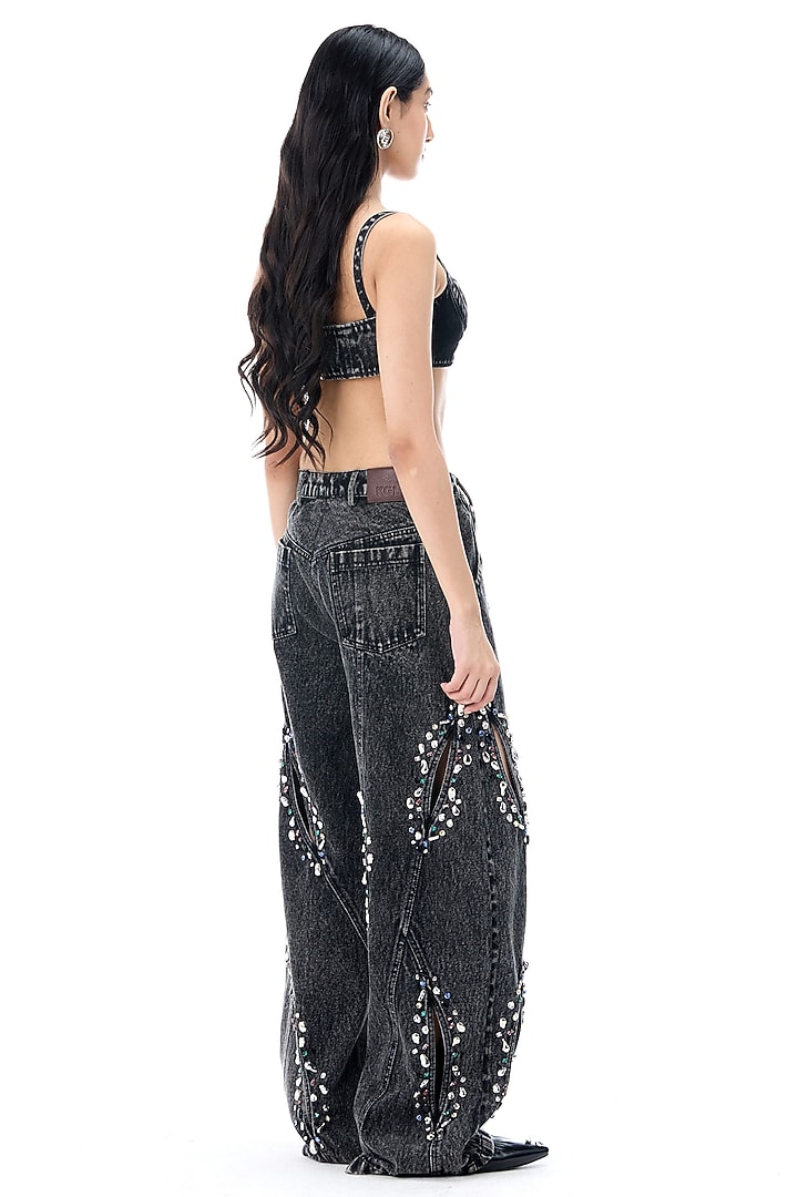 Black Cotton Hand Embellished Denim Pants by Kanika Goyal at Pernia's Pop Up Shop