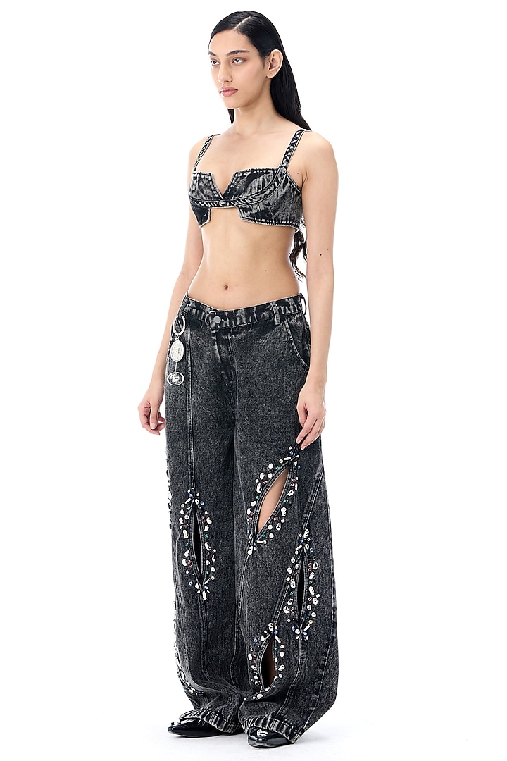 Black Cotton Hand Embellished Denim Pants by Kanika Goyal at Pernia's Pop Up Shop