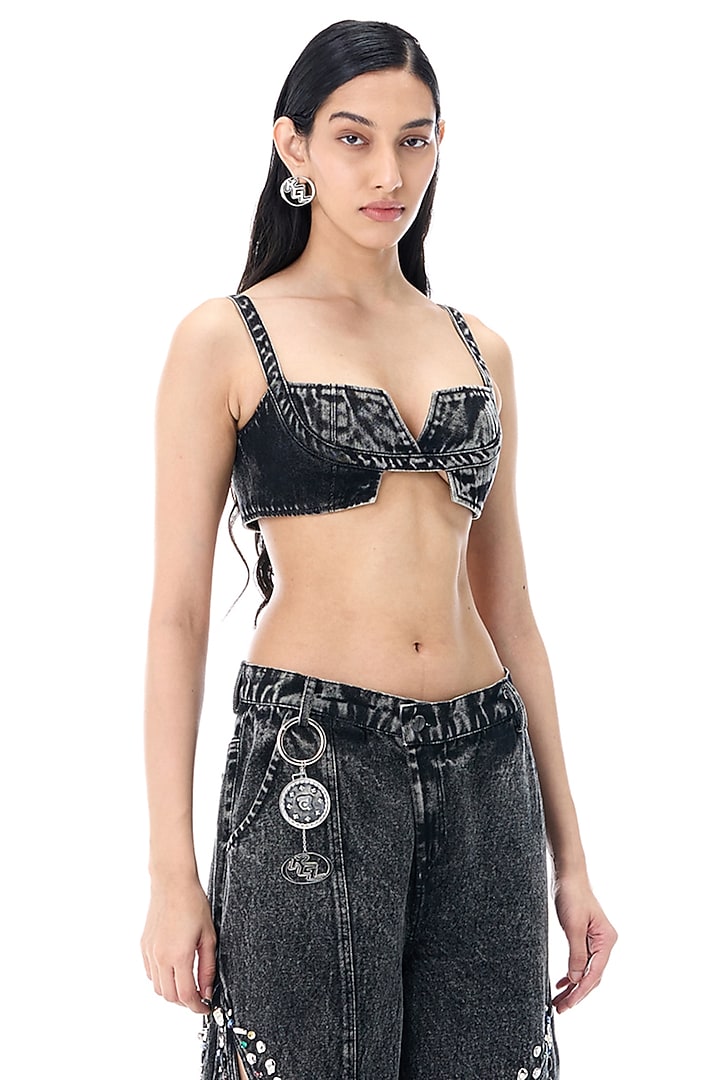 Black Cotton Hand Embellished Denim Pants by Kanika Goyal at Pernia's Pop Up Shop