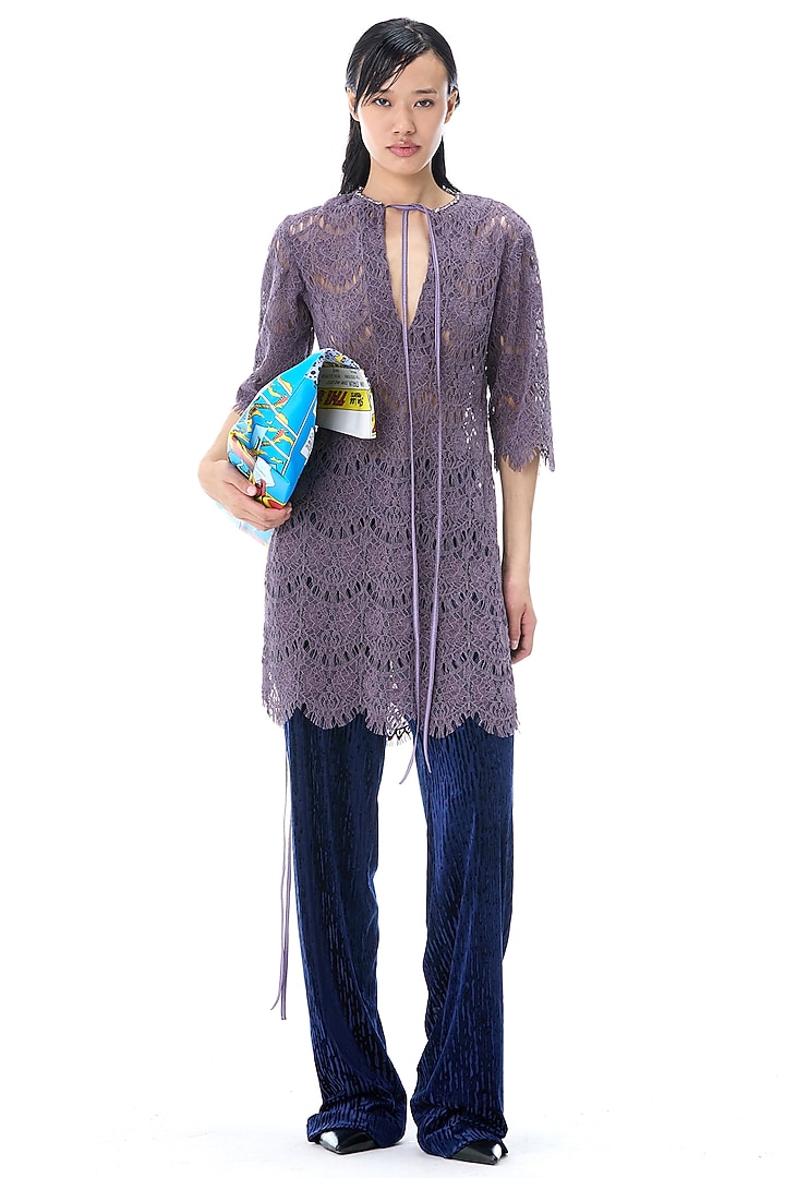 Purple Lace & Polyester Blend Mini Vacation Dress by Kanika Goyal at Pernia's Pop Up Shop