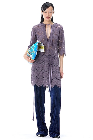 Purple Lace & Polyester Blend Mini Dress by Kanika Goyal