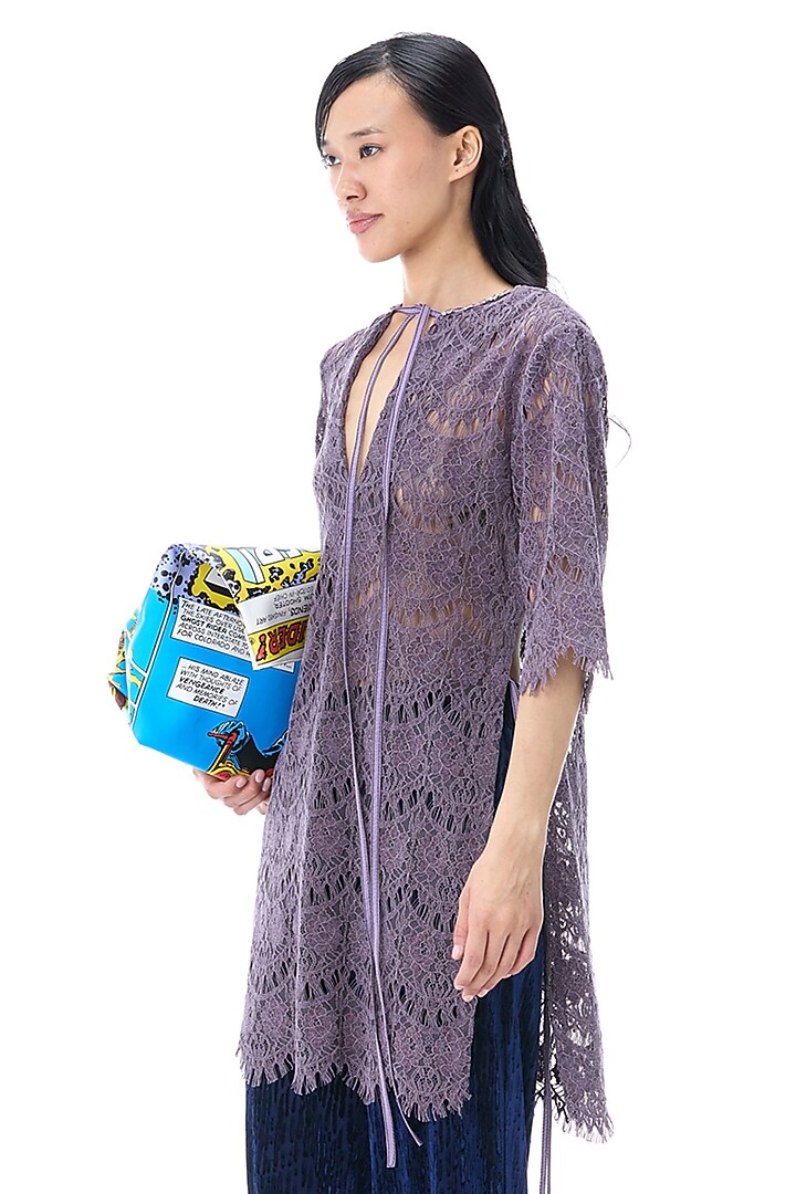 Purple Lace & Polyester Blend Mini Vacation Dress by Kanika Goyal at Pernia's Pop Up Shop