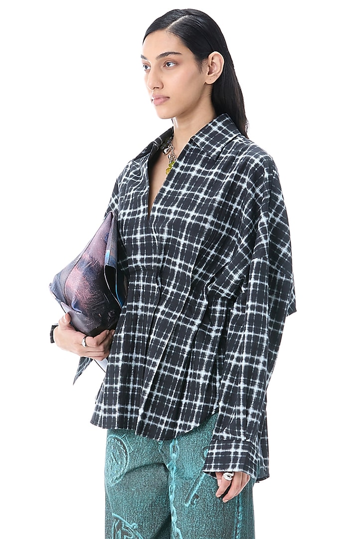 Black Cotton Checkered Oversized Shirt by Kanika Goyal at Pernia's Pop Up Shop