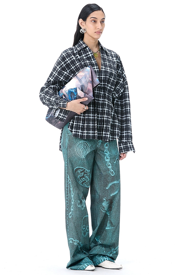 Black Cotton Checkered Oversized Shirt by Kanika Goyal at Pernia's Pop Up Shop