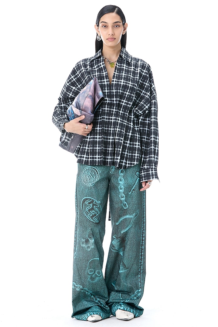 Black Cotton Checkered Oversized Shirt by Kanika Goyal at Pernia's Pop Up Shop