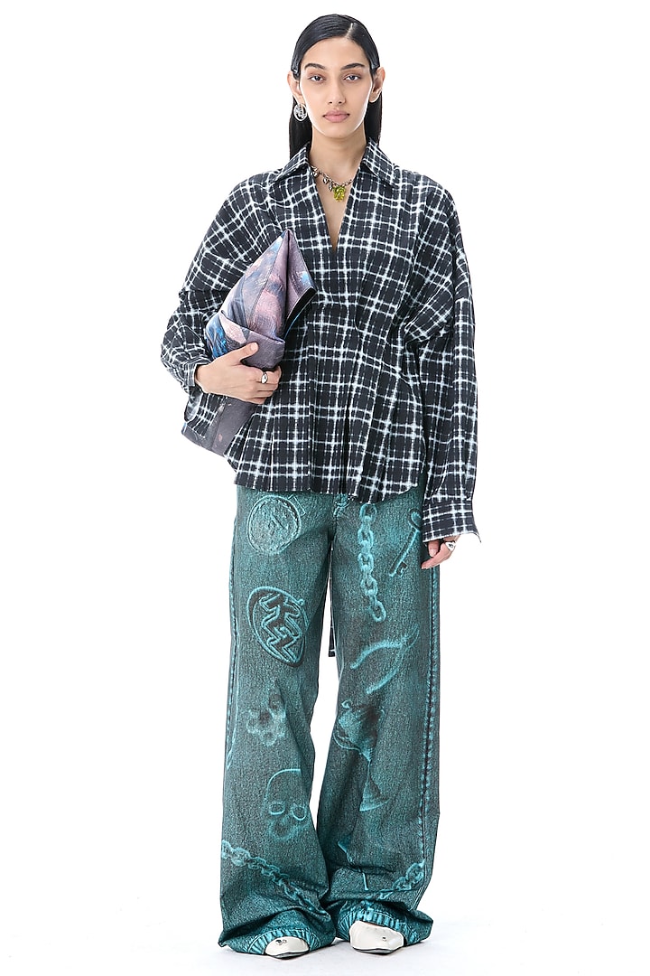 Blue Cotton Laser Printed Pants by Kanika Goyal at Pernia's Pop Up Shop