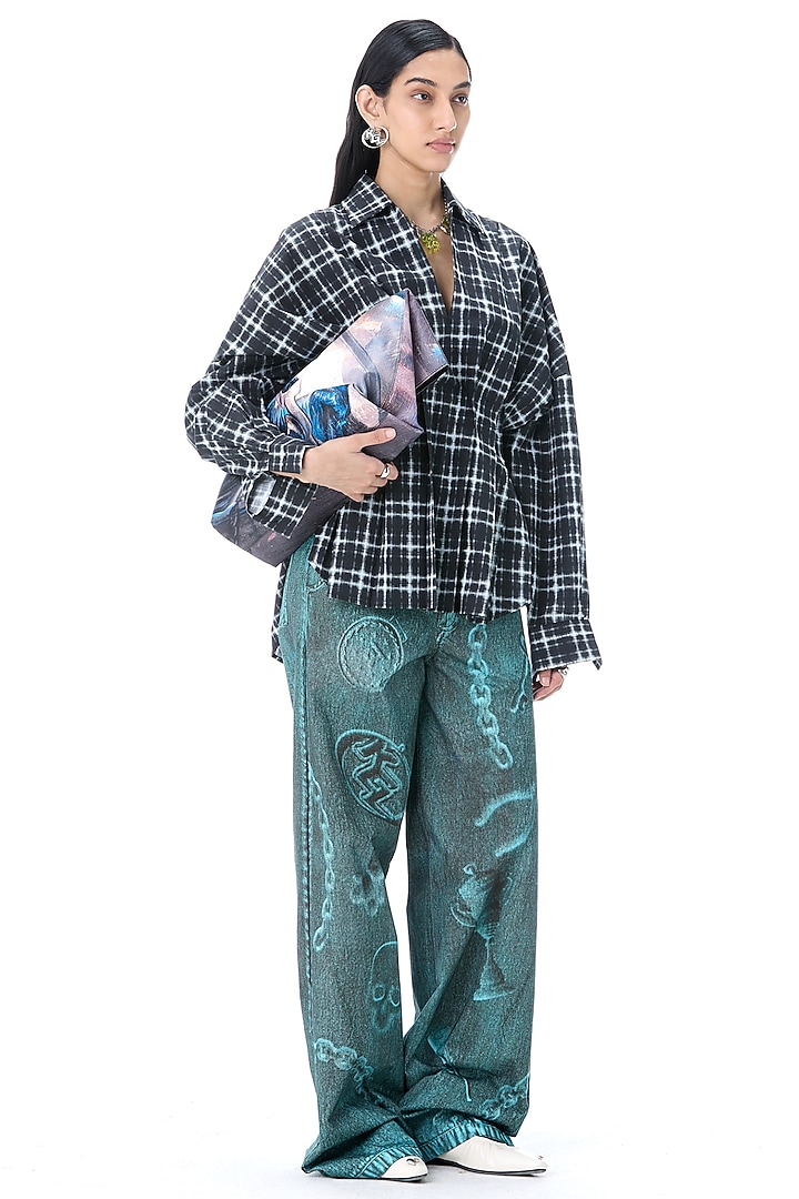Blue Cotton Laser Printed Pants by Kanika Goyal at Pernia's Pop Up Shop