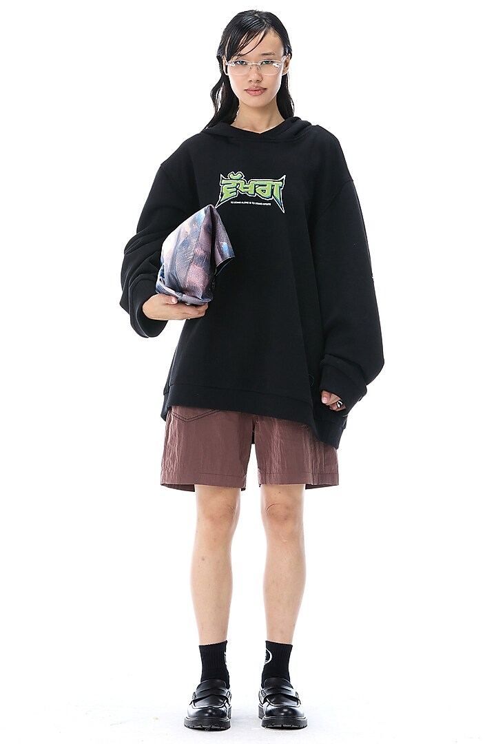 Black Cotton Printed & Embroidered Hoodie by Kanika Goyal at Pernia's Pop Up Shop