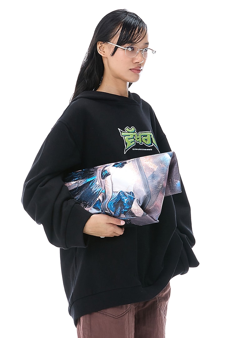 Black Cotton Printed & Embroidered Hoodie by Kanika Goyal at Pernia's Pop Up Shop