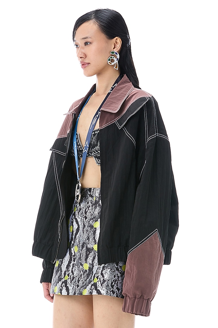 Black & Brown Poly Nylon Jacket by Kanika Goyal at Pernia's Pop Up Shop