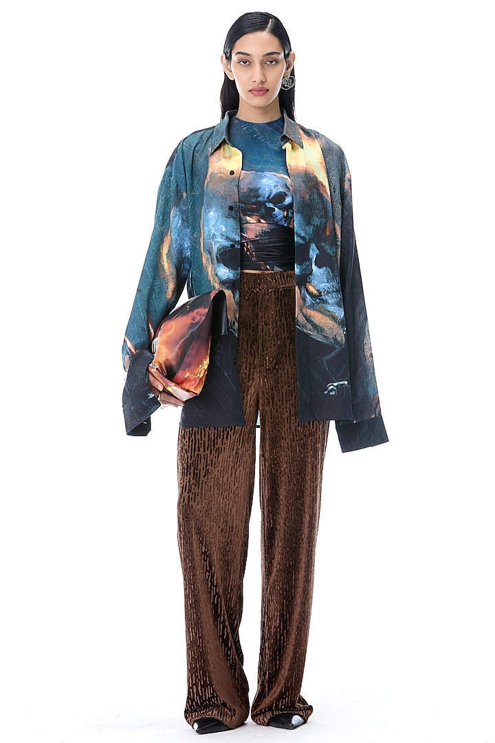 Brown Polyester Pants by Kanika Goyal at Pernia's Pop Up Shop