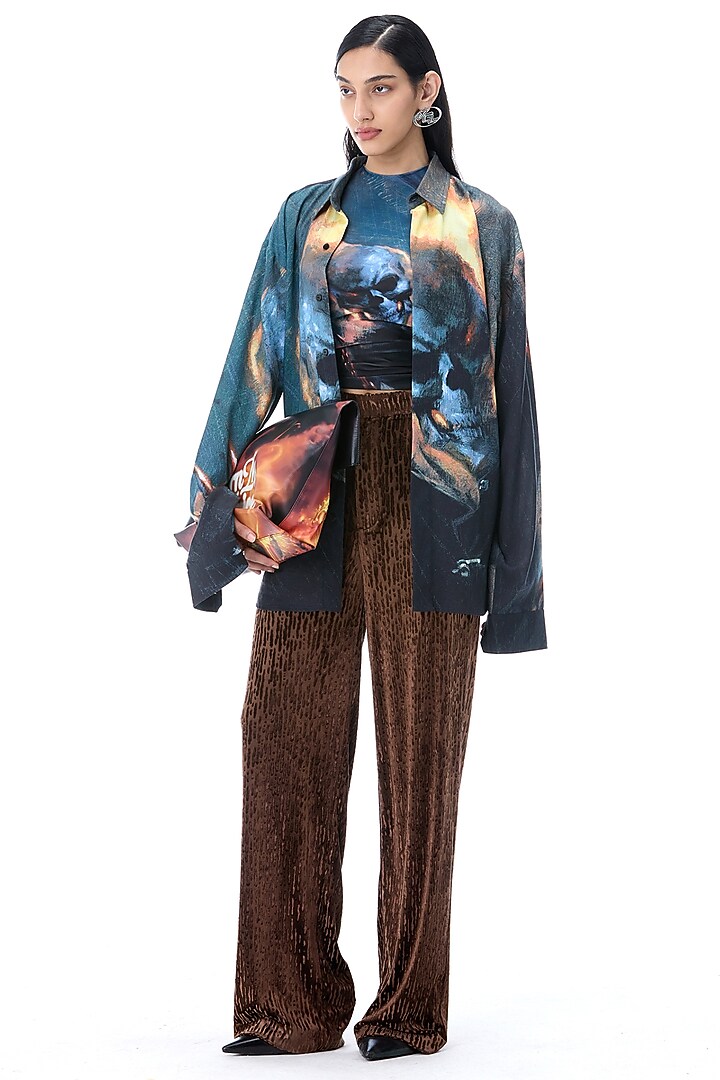 Brown Polyester Pants by Kanika Goyal at Pernia's Pop Up Shop