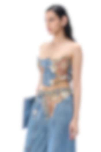 Denim Blue Cotton Engineered Printed Top by Kanika Goyal at Pernia's Pop Up Shop