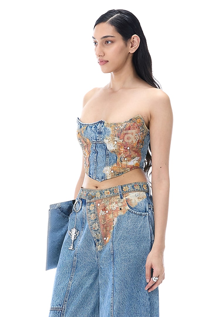 Denim Blue Cotton Engineered Printed Top by Kanika Goyal at Pernia's Pop Up Shop