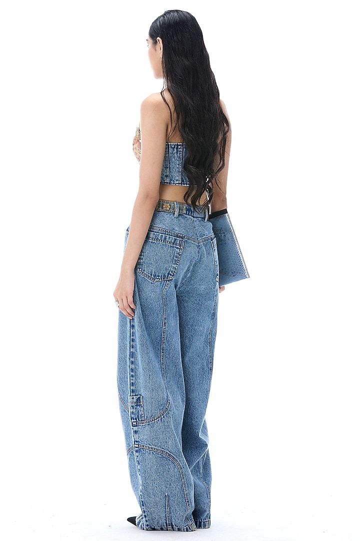 Denim Blue Cotton Engineered Printed Top by Kanika Goyal at Pernia's Pop Up Shop