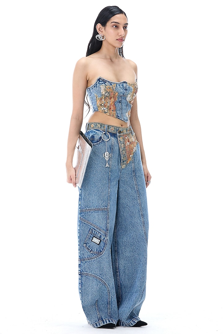 Denim Blue Cotton Engineered Printed Top by Kanika Goyal at Pernia's Pop Up Shop