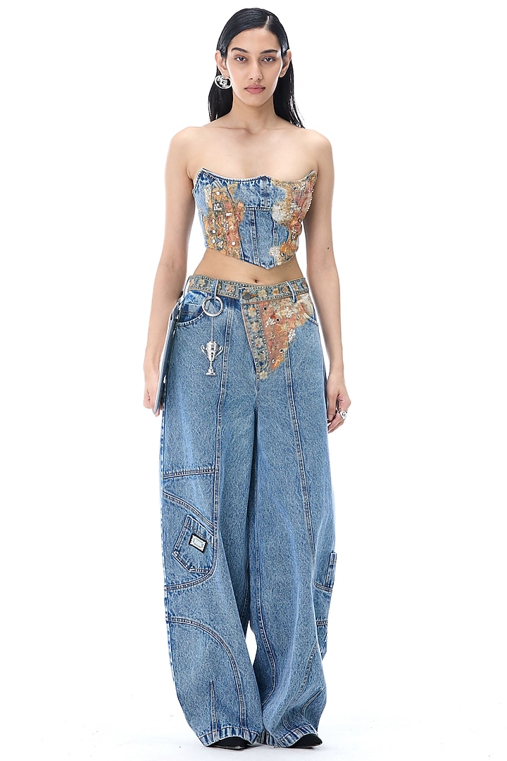 Denim Blue Cotton Engineered Printed Top by Kanika Goyal at Pernia's Pop Up Shop