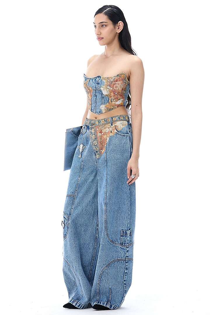 Denim Blue Cotton Pants by Kanika Goyal at Pernia's Pop Up Shop