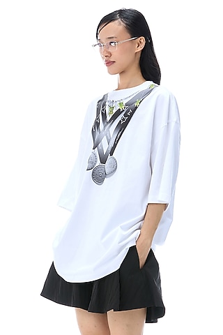 White Cotton Printed T-Shirt by Kanika Goyal