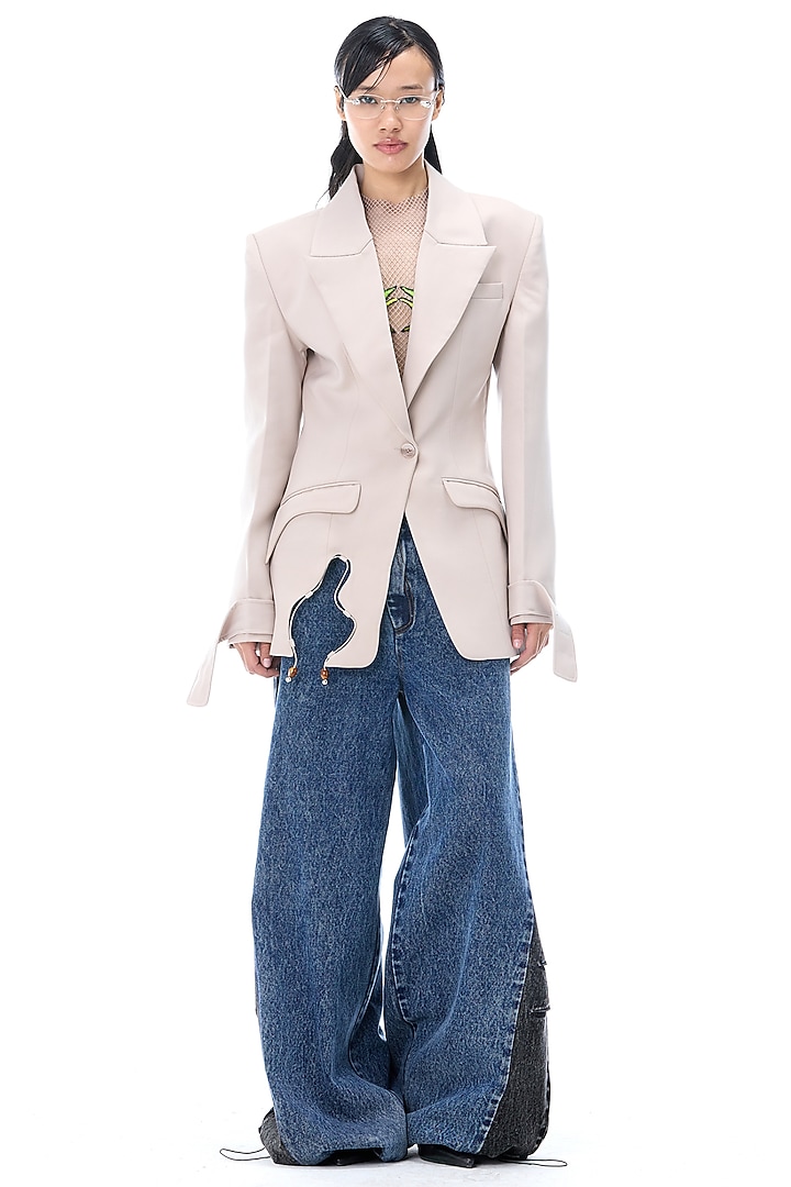 Beige Polyester Blazer by Kanika Goyal at Pernia's Pop Up Shop