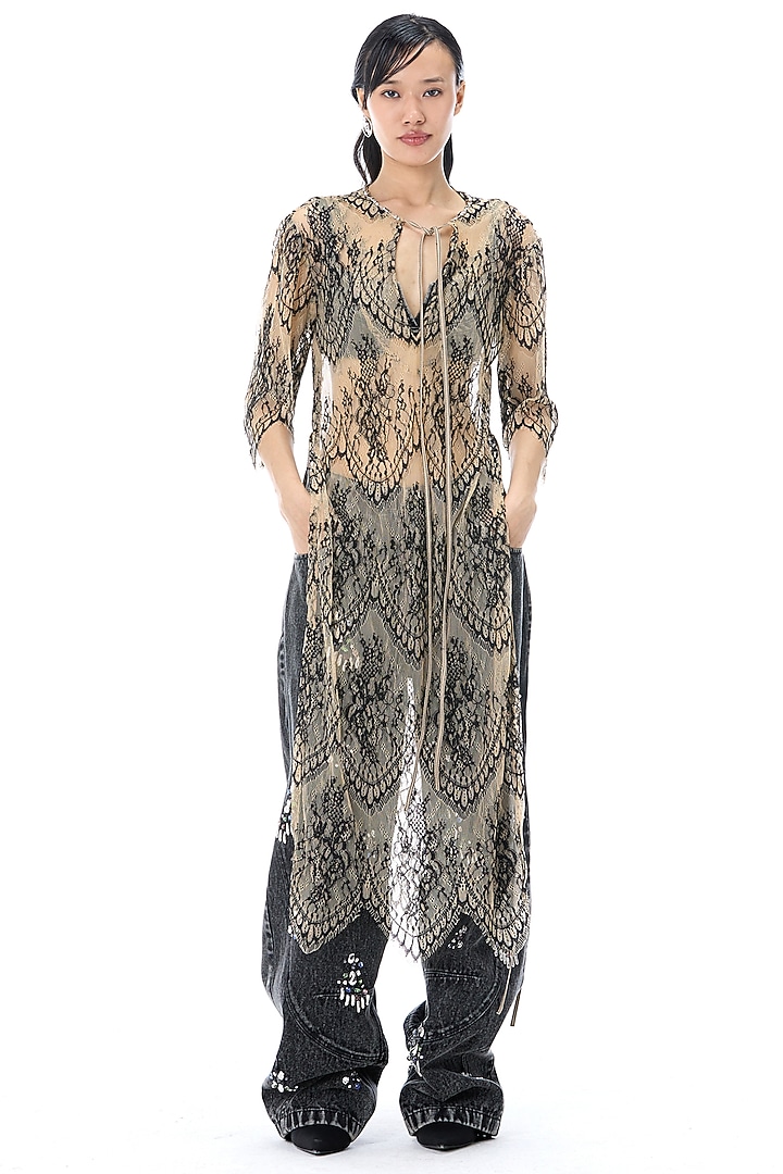 Beige & Black Polyester Lace Vacation Dress by Kanika Goyal at Pernia's Pop Up Shop