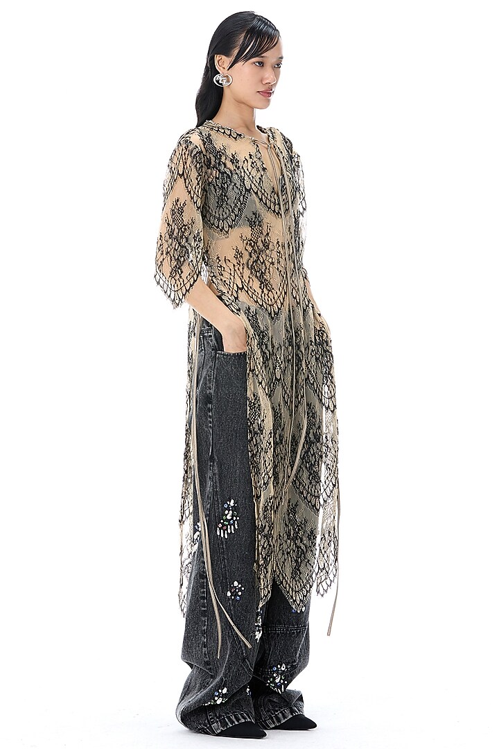 Beige & Black Polyester Lace Vacation Dress by Kanika Goyal at Pernia's Pop Up Shop
