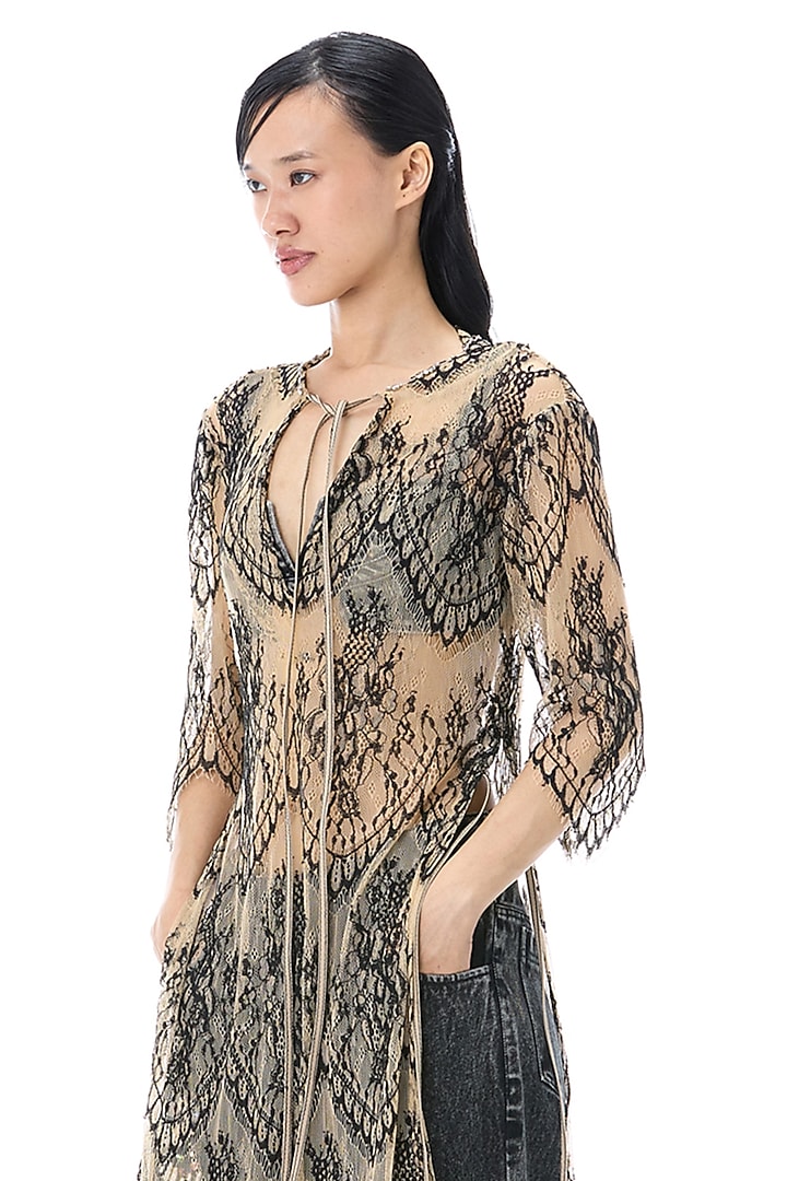 Beige & Black Polyester Lace Vacation Dress by Kanika Goyal at Pernia's Pop Up Shop