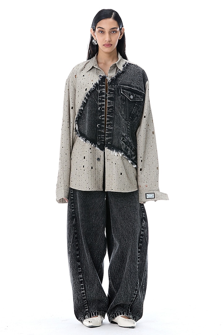 Black Denim & Grey Cotton Oversized Shirt by Kanika Goyal at Pernia's Pop Up Shop