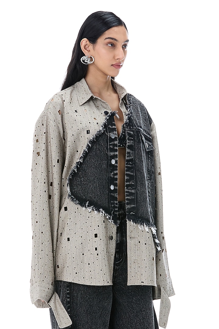 Black Denim & Grey Cotton Oversized Shirt by Kanika Goyal at Pernia's Pop Up Shop