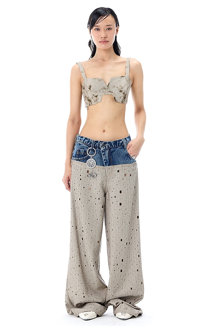 Blue & Grey Cotton Wide-Legged Pants by Kanika Goyal at Pernia's Pop Up Shop