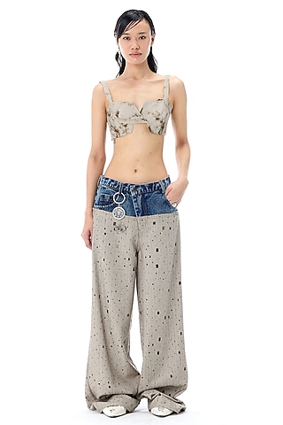 Blue & Grey Cotton Wide-Legged Pants by Kanika Goyal