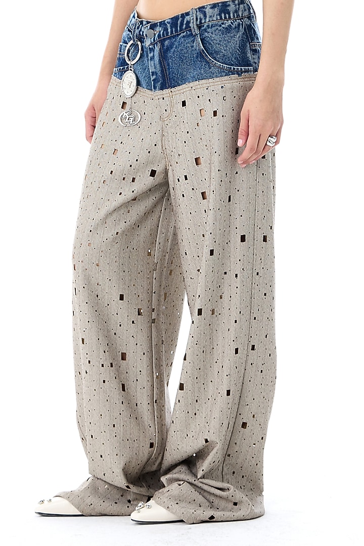 Blue & Grey Cotton Wide-Legged Pants by Kanika Goyal at Pernia's Pop Up Shop