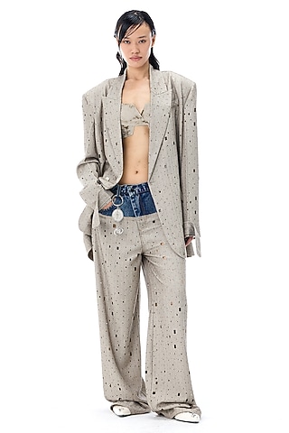 Grey Polyester Oversized Blazer by Kanika Goyal