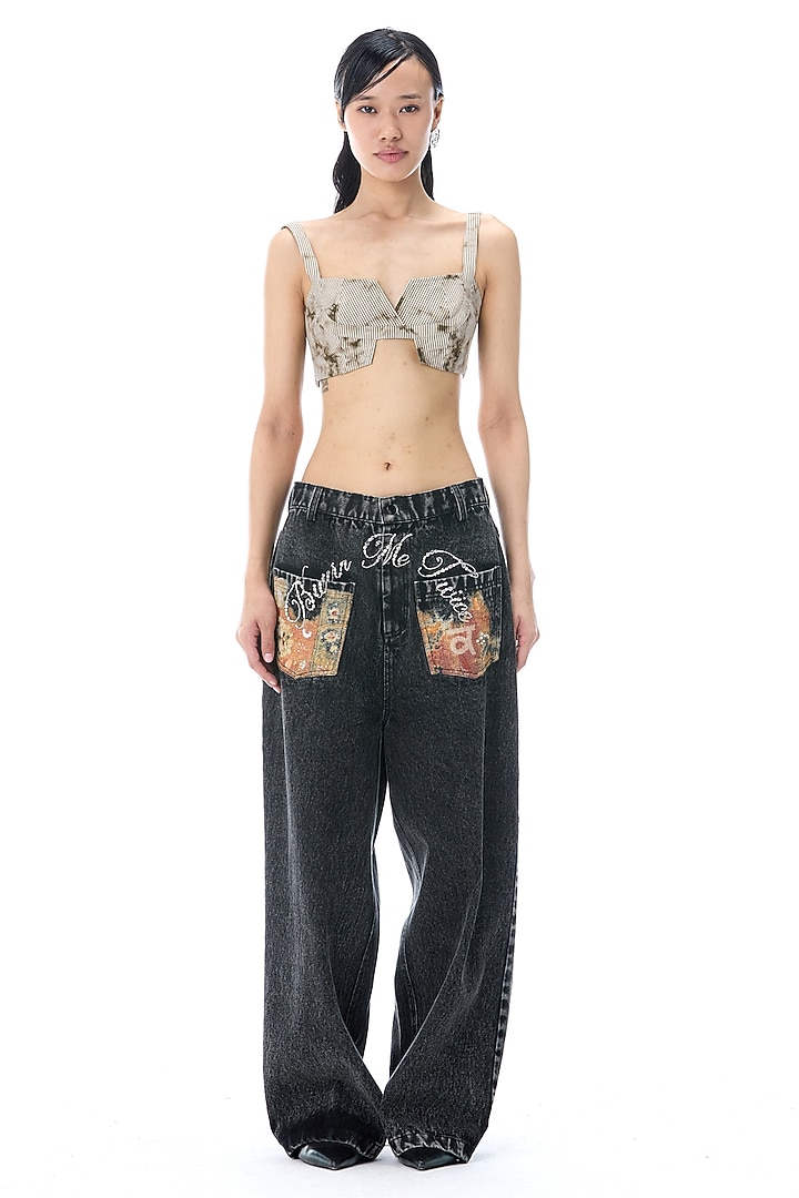 Black Cotton Denim Pants by Kanika Goyal at Pernia's Pop Up Shop