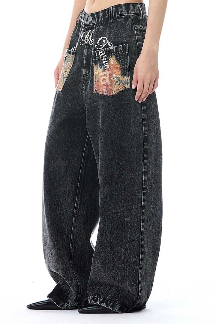 Black Cotton Denim Pants by Kanika Goyal at Pernia's Pop Up Shop