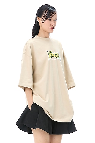 Beige Cotton Printed T-shirt by Kanika Goyal