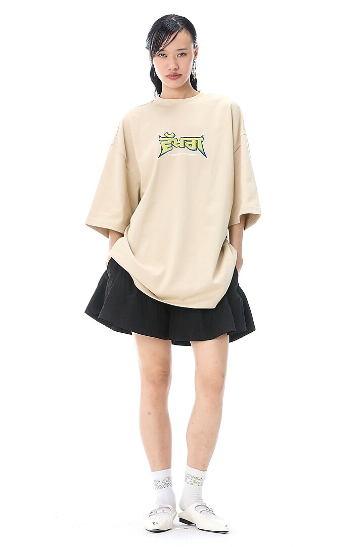 Beige Cotton Printed T-shirt by Kanika Goyal at Pernia's Pop Up Shop