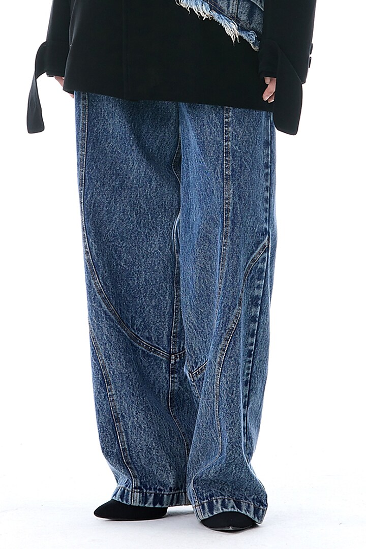 Blue Cotton Straight-Fit Denim Pants by Kanika Goyal at Pernia's Pop Up Shop