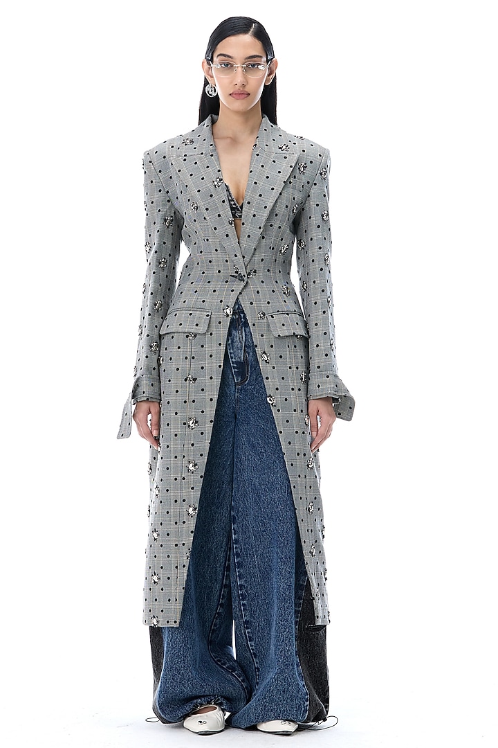 Grey Polyester Embellished Coat by Kanika Goyal at Pernia's Pop Up Shop
