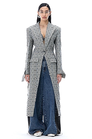 Grey Polyester Embellished Coat by Kanika Goyal