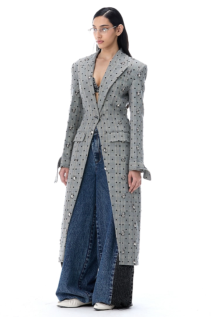 Grey Polyester Embellished Coat by Kanika Goyal at Pernia's Pop Up Shop
