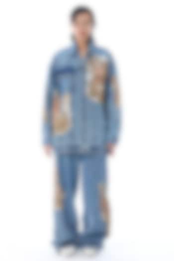 Denim Blue Cotton Printed & Embellished Jacket by Kanika Goyal at Pernia's Pop Up Shop