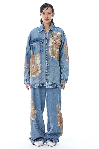 Denim Blue Cotton Printed & Embellished Jacket by Kanika Goyal