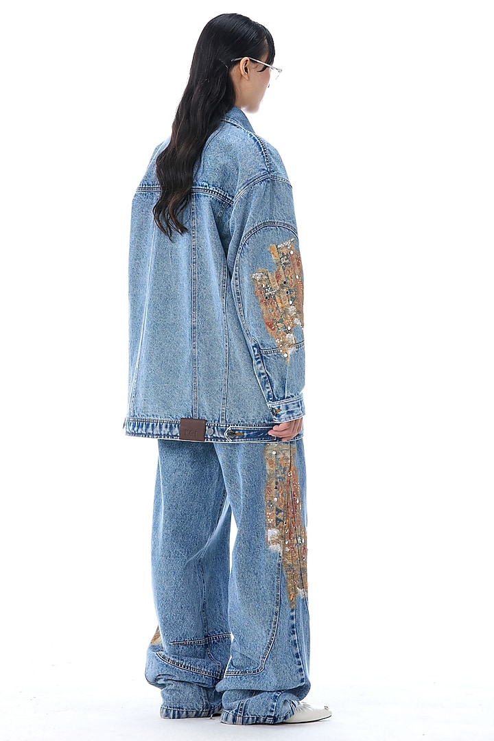 Denim Blue Cotton Printed & Embellished Jacket by Kanika Goyal at Pernia's Pop Up Shop