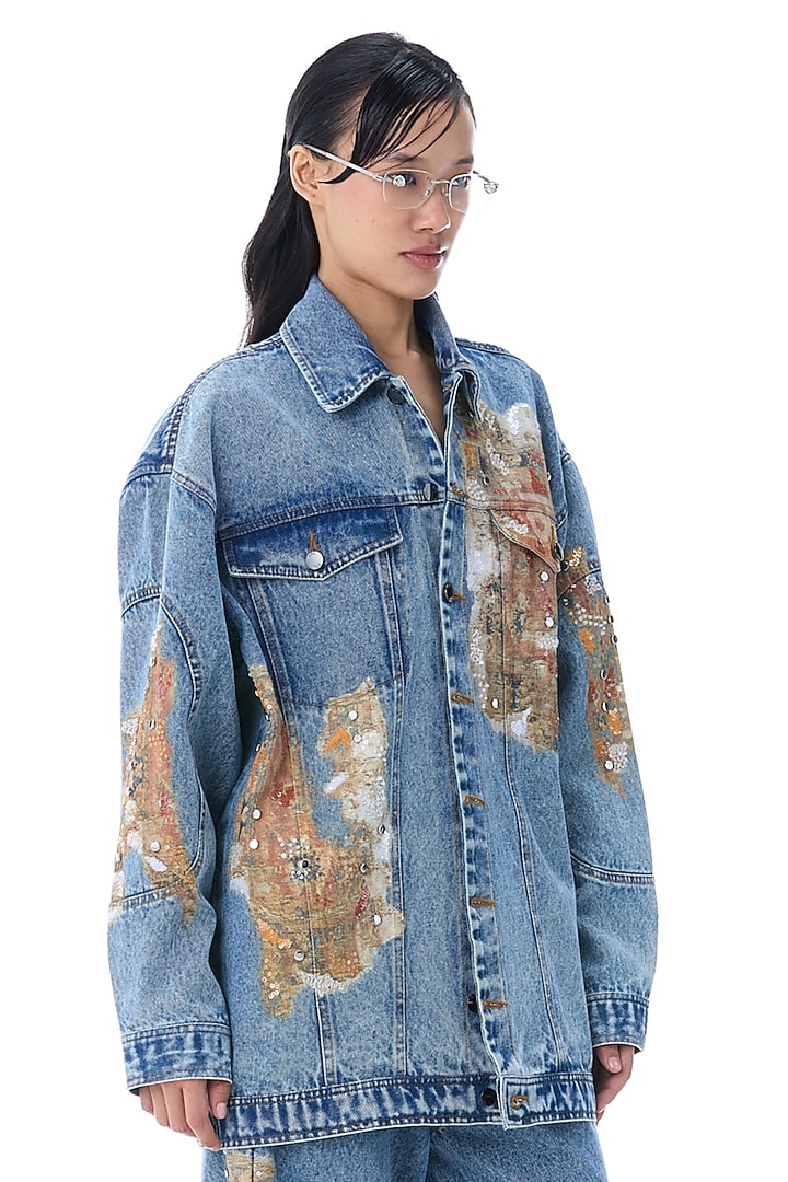 Denim Blue Cotton Printed & Embellished Jacket by Kanika Goyal at Pernia's Pop Up Shop