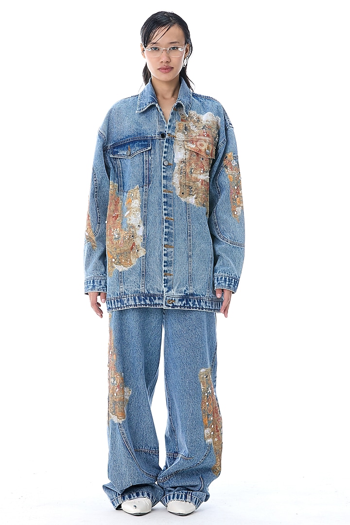 Denim Blue Cotton Embellished & Printed Pants by Kanika Goyal at Pernia's Pop Up Shop