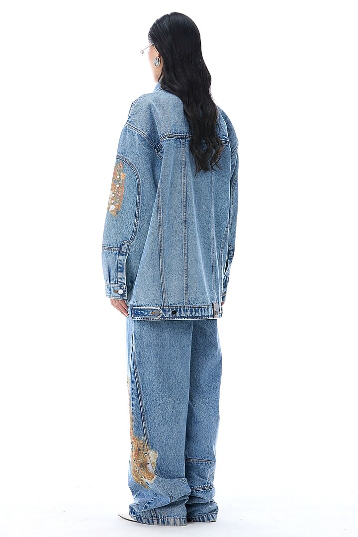 Denim Blue Cotton Embellished & Printed Pants by Kanika Goyal at Pernia's Pop Up Shop